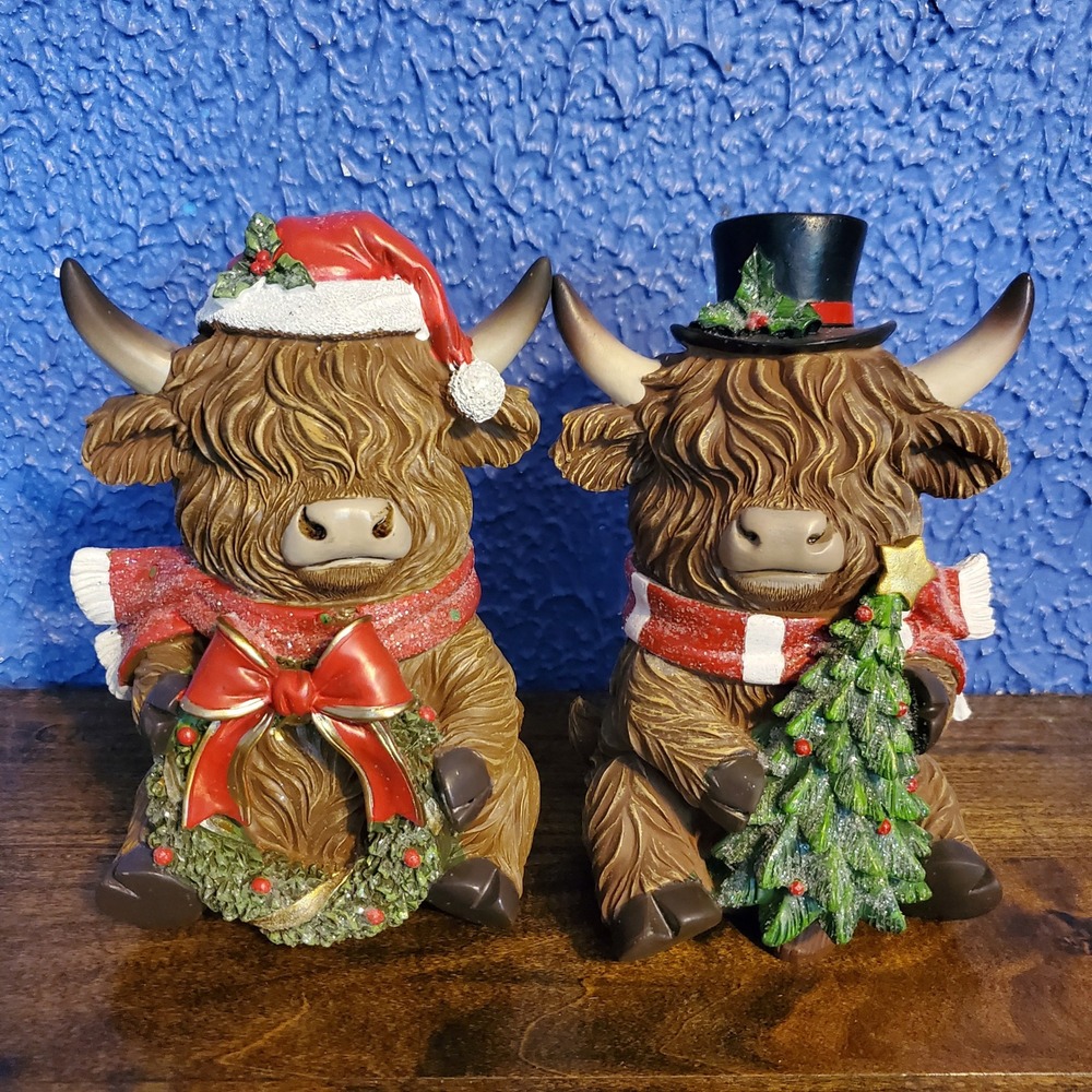 Viral 2026 Hobby Lobby Christmas Highland Cow Figurine Set Santa Hat Top Hat 7in